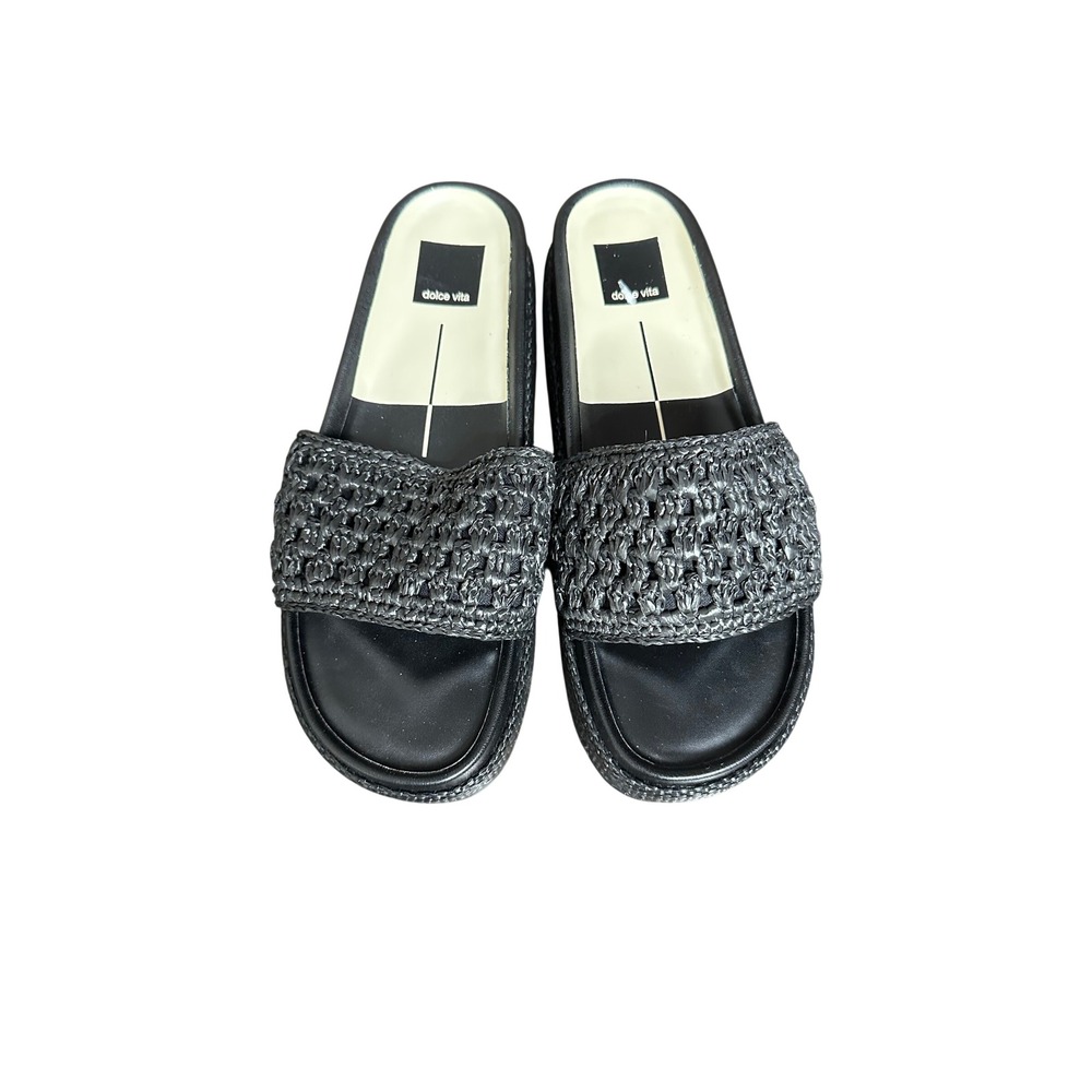 Dolce Vita Womens Black Woven Raffia Platform Slide Sandals Size 8 Chunky Sole